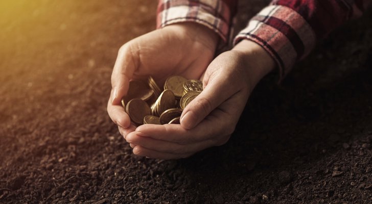 Hænder som holder mønter i jord