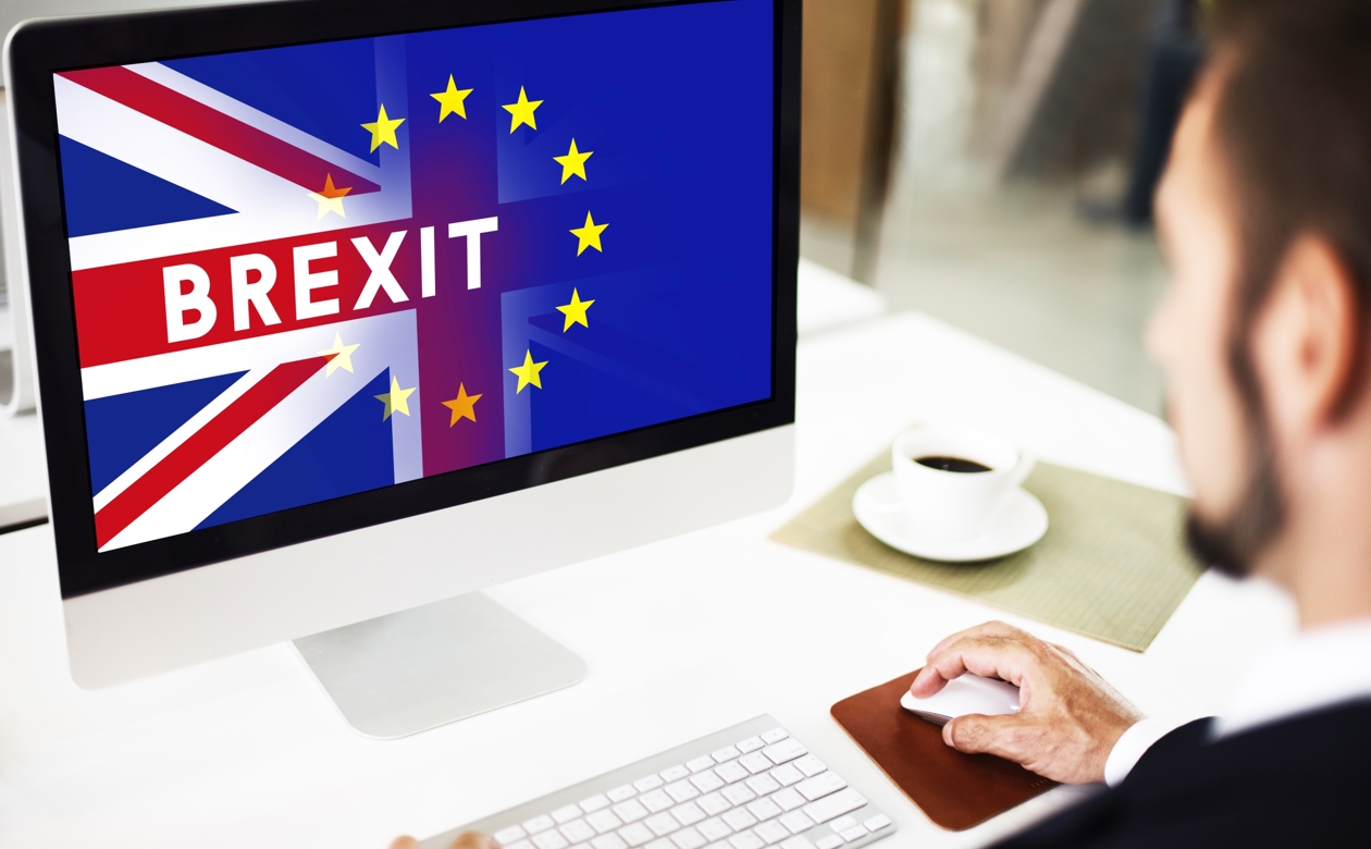 Mand kigger på computer med Brexit på skærmen