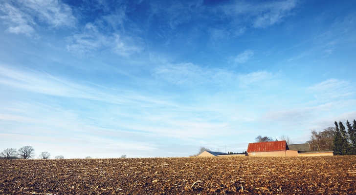 Gård på en mark med blå himmel